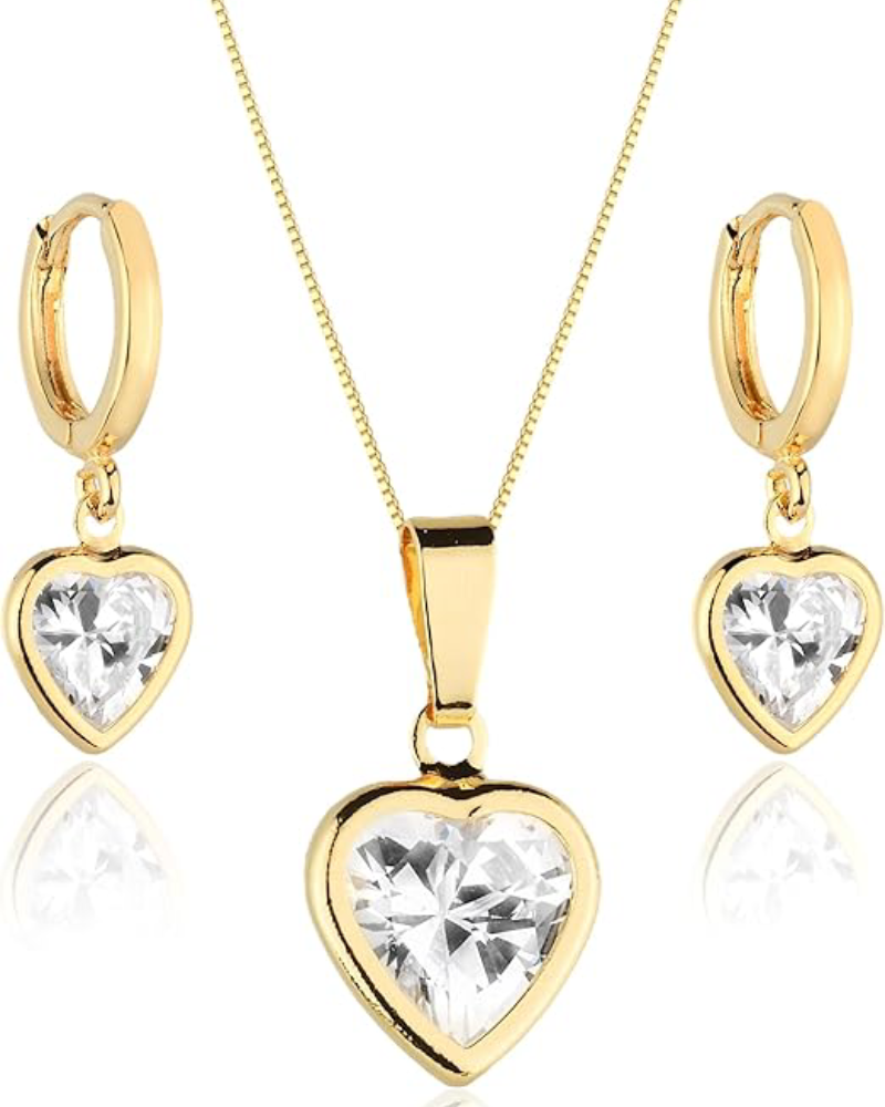 Conjunto Brinco e Colar Pingente Coração Cravejado Pedra Zircônia Banhado a ouro 18k Banho paládio antialérgico Semijoia Festa Madrinha Casamento Casual Dourado Folheado
